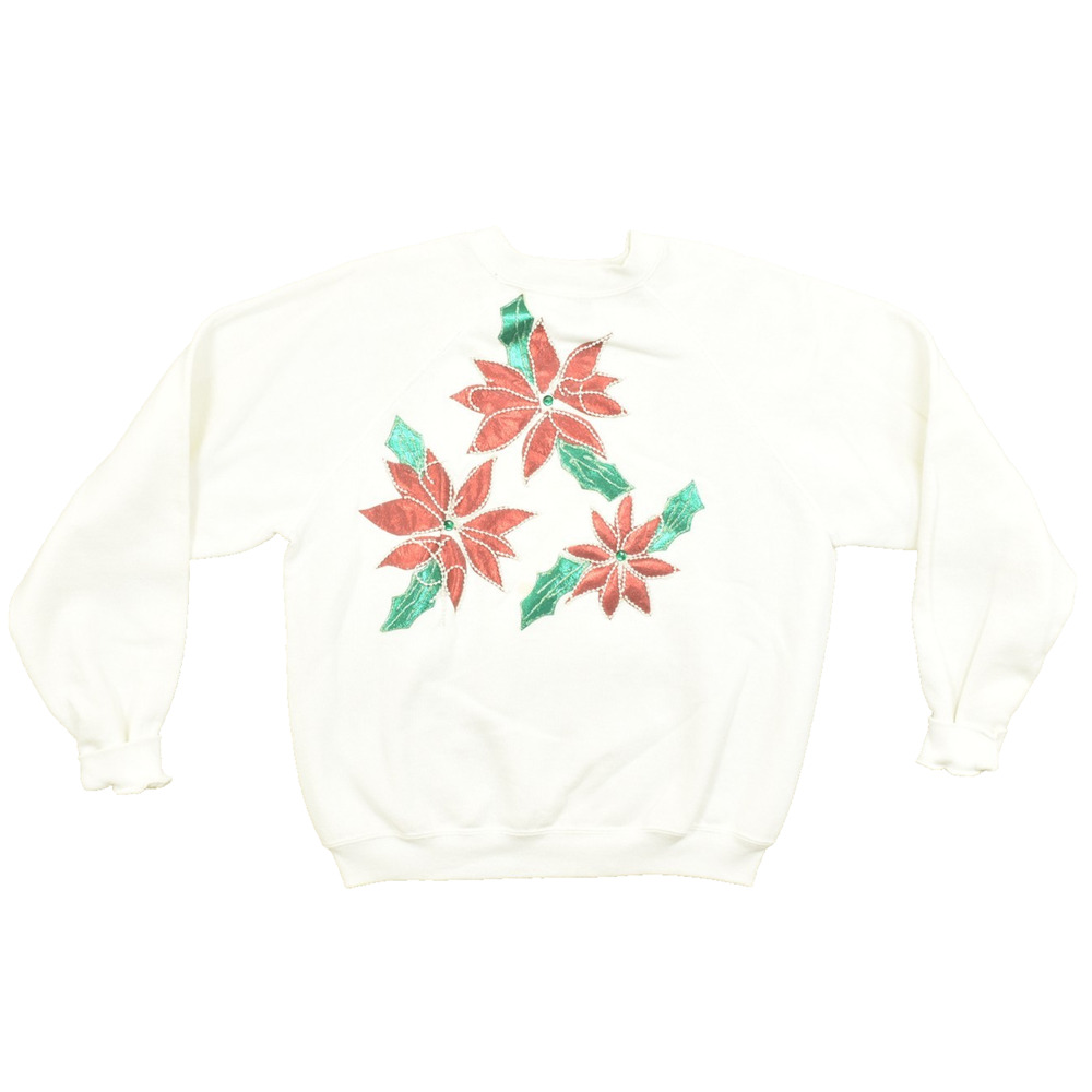 Vintage Tultex Poinsettia Christmas Sweatshirt Womens Medium Made in USA White